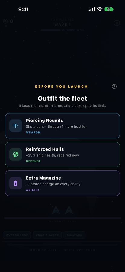 The upgrade draft, offering three upgrades to choose between.