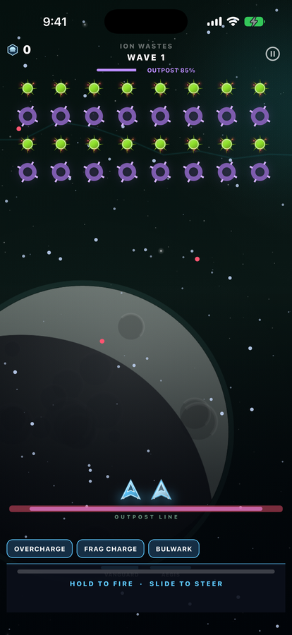 A wave in Ion Wastes, hostiles descending toward the outpost line.