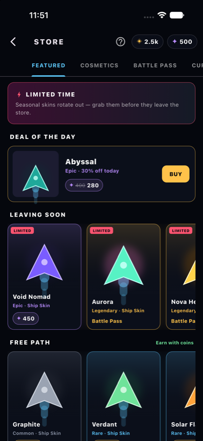 The in-game store showing ship skins and upgrades.